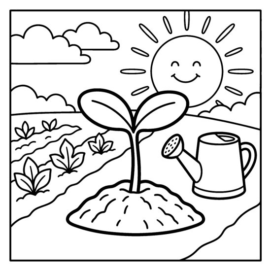 Pumpkin sprout with two leaves on a soil mound by a watering can, bold and easy