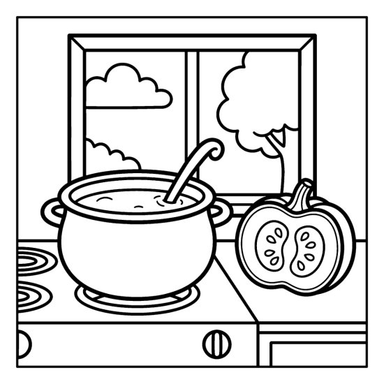 Pot of pumpkin soup with a ladle on a stove by a halved pumpkin, coloring page