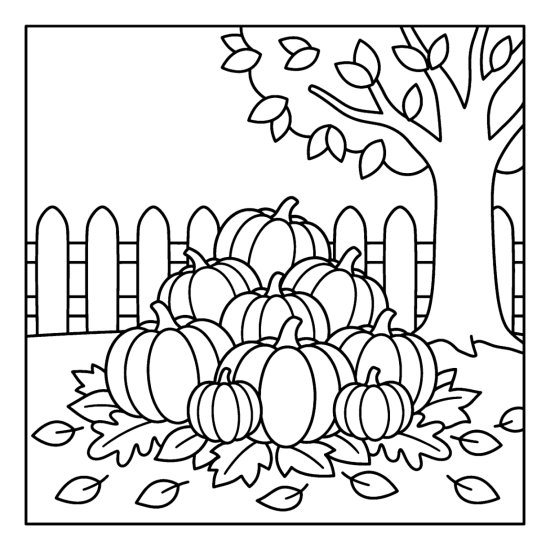Pile of round pumpkins heaped on fallen leaves by a fence, coloring sheet