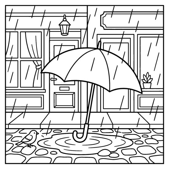 An open umbrella in a puddle on a cobbled street with shopfronts and rain behind, coloring page