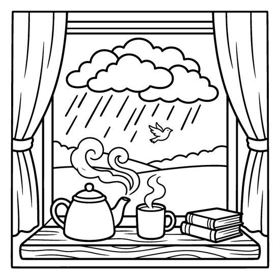 A rain cloud over a window with a teapot and steaming mug on the sill, coloring page
