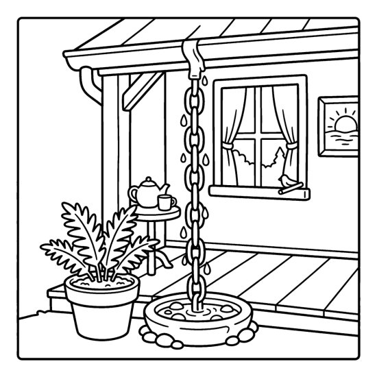 A rain chain dripping into a stone basin on a porch with a potted fern, coloring sheet