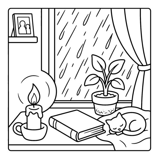 A glowing candle and book on a ledge with heavy rain on the dark glass, bold and easy