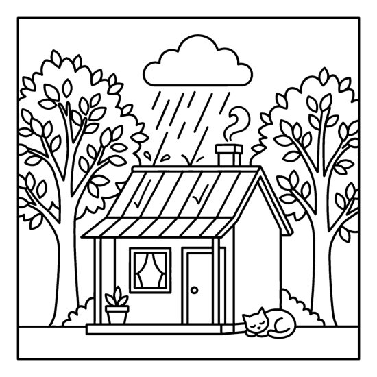 A small cabin with rain on its tin roof framed by two leafy trees, coloring page