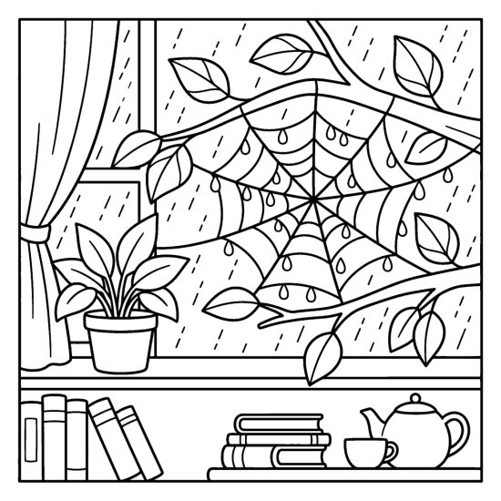 A spiderweb beaded with raindrops between branches above a shelf of books, coloring sheet