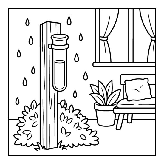 A tube rain gauge on a garden post filling with rain beside a cushioned chair, coloring page