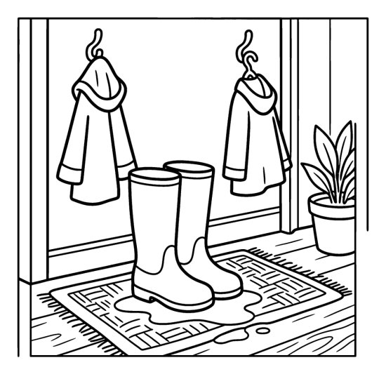 A pair of galoshes on a doormat with raincoats on hooks and a puddle below, bold and easy