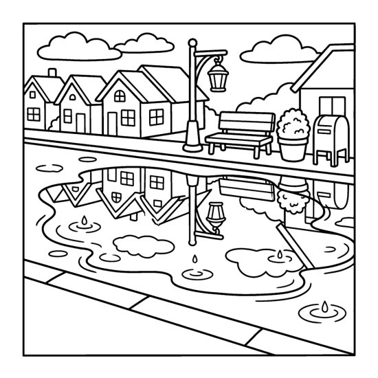 A puddle reflecting a row of houses and a lamppost with rain rings spreading, coloring page