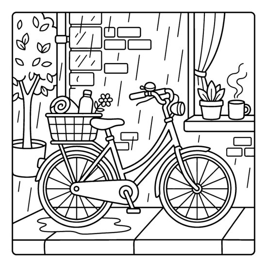 A bicycle with a basket leaning on a brick wall in the rain with a puddle, coloring sheet