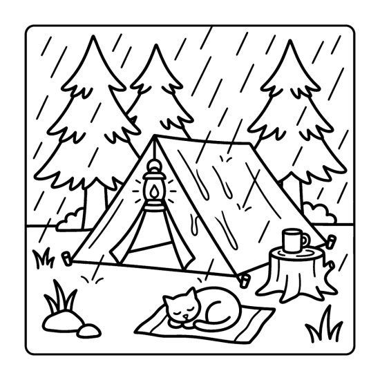 A camping tent with rain running off its sides and a lantern at the entrance, bold and easy