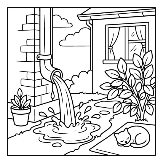 Water splashing from a downspout into a puddle by a brick wall with a sleeping cat, coloring sheet