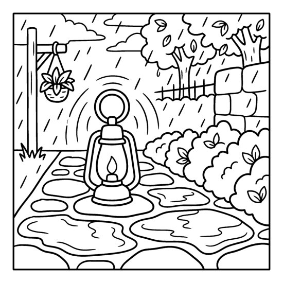 A glowing lantern on a wet stone path reflecting in shallow puddles, coloring page