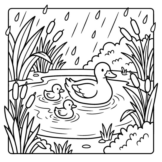 A mother duck and two ducklings paddling across a puddle among reeds, coloring sheet