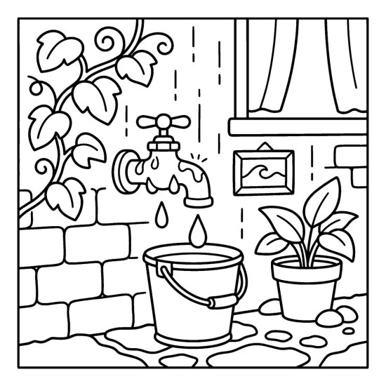 A garden faucet dripping into a metal pail with a climbing vine in the rain, bold and easy