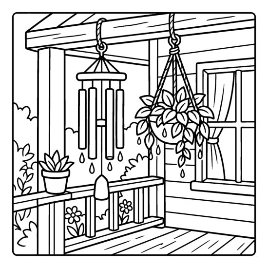 Wind chimes dripping from a porch beam beside a hanging plant in the rain, coloring page