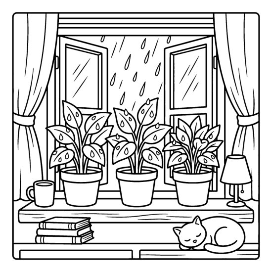 Three potted plants on a sill below an open window with rain and a sleeping cat, coloring sheet