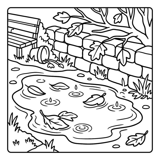 A puddle scattered with floating leaves by a stone wall and a bench, bold and easy