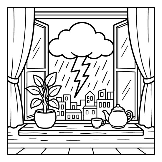 A lightning bolt from a cloud over a small skyline with a plant and teapot, coloring page