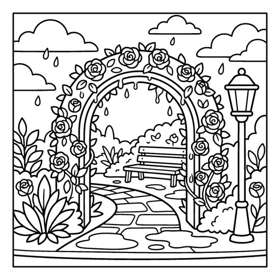 A rose covered garden arch dripping over a path with a bench and lamppost, coloring sheet