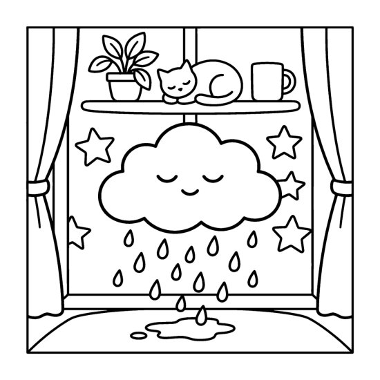A smiling round cloud raining over a shelf with a plant, mug and sleeping cat, bold and easy