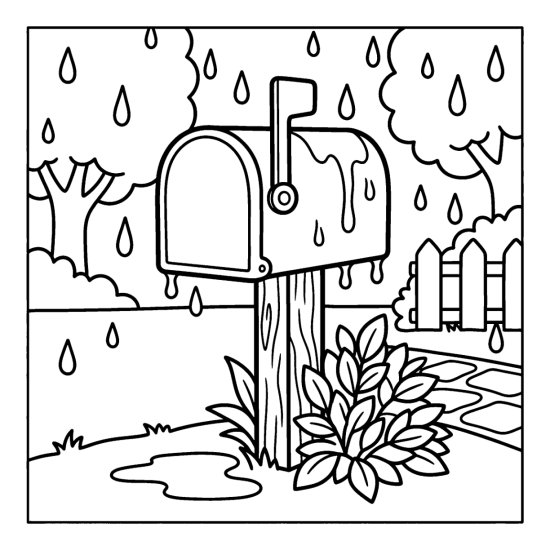 A mailbox on a post dripping in the rain with a shrub and small puddle, coloring page