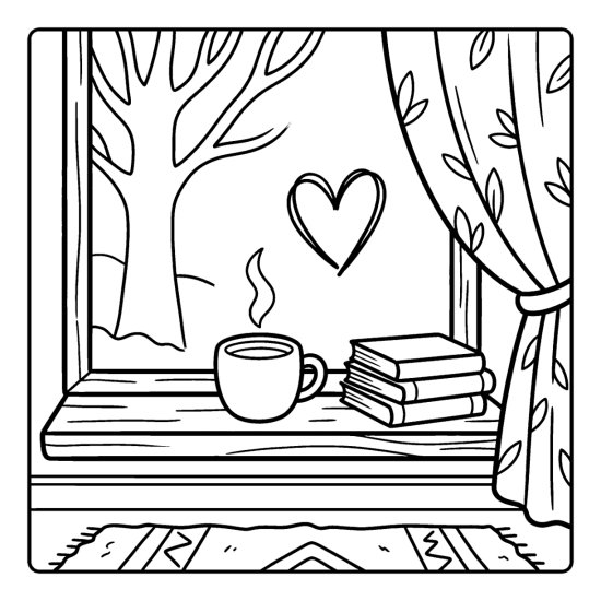 A fogged window with a heart drawn in the glass and a steaming mug on the sill, coloring page