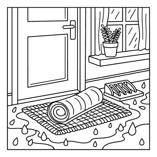 A rolled newspaper on a doormat soaking by a door with a potted plant, bold and easy