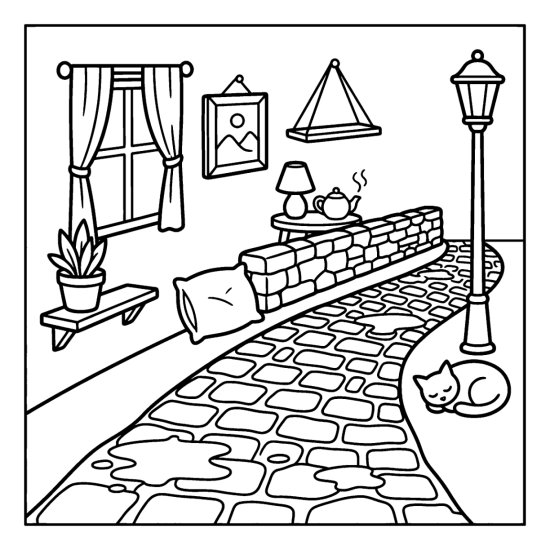 A winding cobblestone path shining with rain and puddles past a lamppost, coloring page