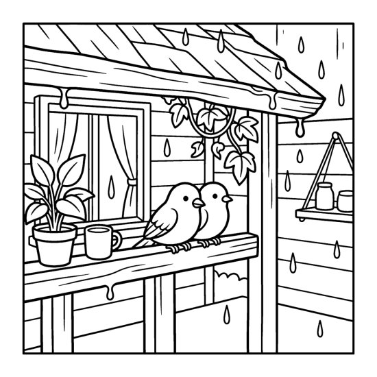 Two small birds sheltering on a beam under a dripping roof eave in the rain, coloring sheet