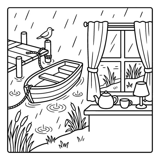 A wooden rowboat tied to a dock on calm water with reeds in the rain, bold and easy