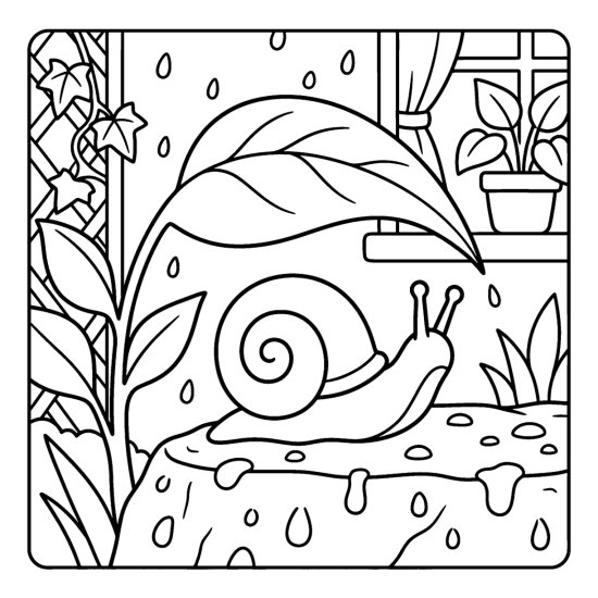 A snail crawling on a wet stone under a big leaf with raindrops around it, coloring page