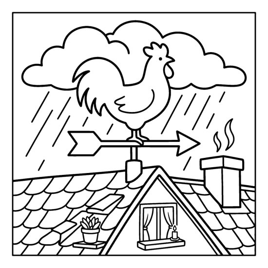 A rooster weather vane on a rooftop with storm clouds and rain behind it, bold and easy