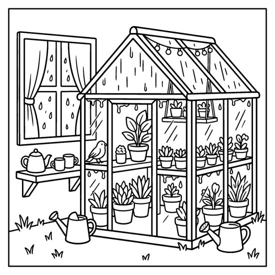 bold and easy rainy day coloring pages with a garden greenhouse and rain running down its glass panels, coloring page
