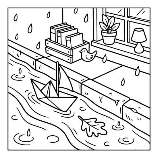 A paper boat sailing down a gutter stream with books and a plant on a ledge, coloring sheet