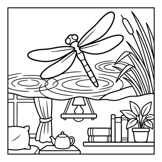 A dragonfly hovering over rain dimpled water with tall grasses leaning in, coloring page