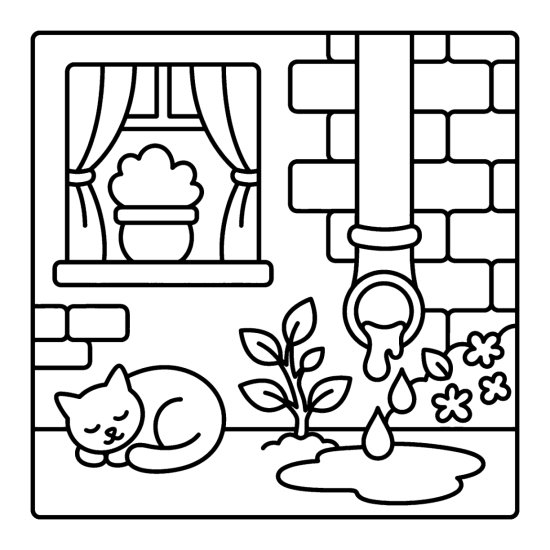 A drainpipe dripping down a brick wall into a puddle with a sleeping cat nearby, coloring sheet
