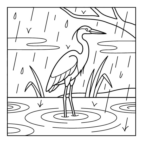 A heron standing in shallow water among reeds as rain falls and ripples spread, bold and easy