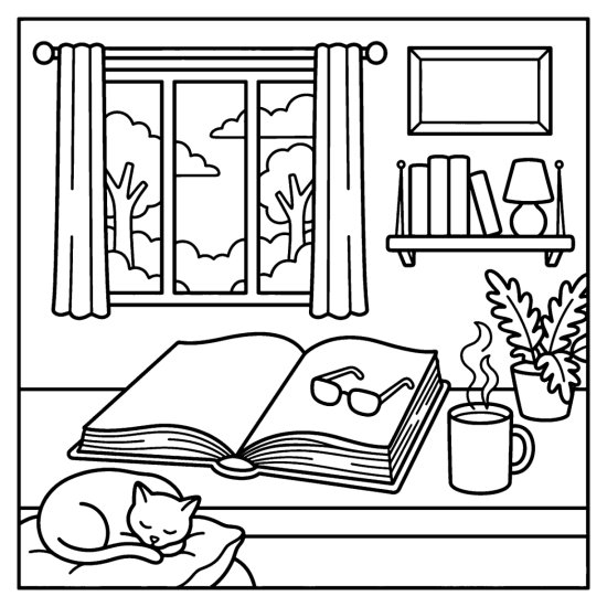 An open novel with reading glasses, a steaming mug and a potted plant on a table, coloring page