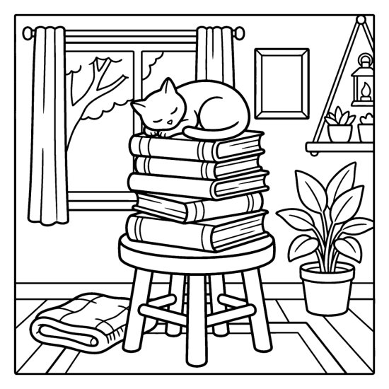 A curled sleeping cat on a tall stack of books on a stool by a window, coloring page