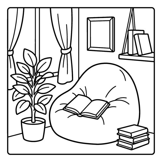 A squishy beanbag chair with an open book and a tall leafy plant, coloring sheet