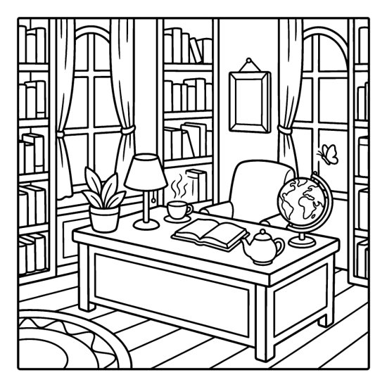 A grand library reading desk with a lamp, a globe and an open book, coloring page