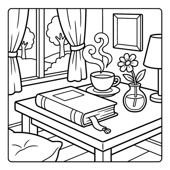 A closed book with a ribbon bookmark beside a teacup and a flower vase, coloring sheet