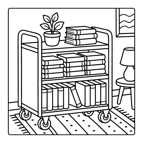 A rolling library book cart filled with stacked books and a plant on top, coloring page
