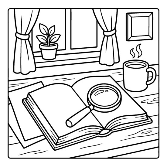 An open book with a magnifying glass on the page beside a mug, coloring sheet