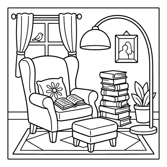 A wingback reading chair with an open book, a footstool and a book stack, coloring page