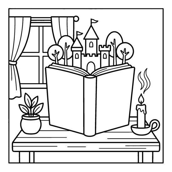 An open storybook with a castle and trees rising from the pages, coloring page