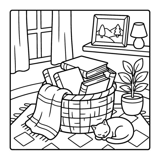 A woven basket overflowing with books beside a folded blanket and plant, coloring sheet