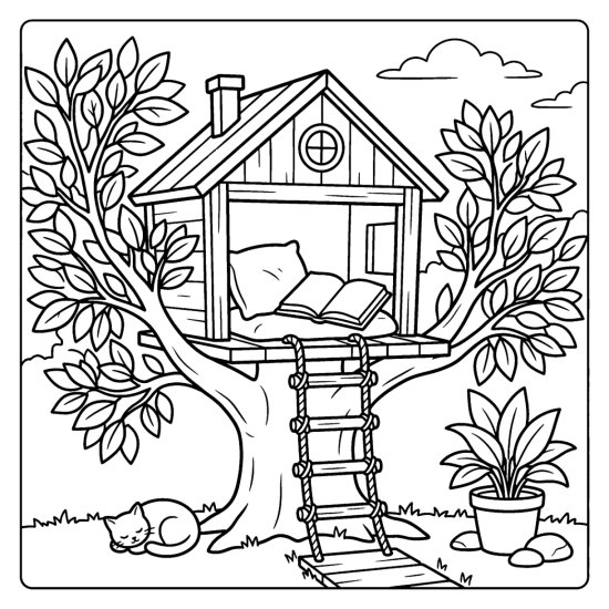 A small treehouse nook with an open book and a cushion inside, coloring page