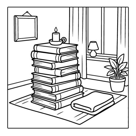 A tall stack of blank cover books with a candle on top beside a lamp, coloring sheet