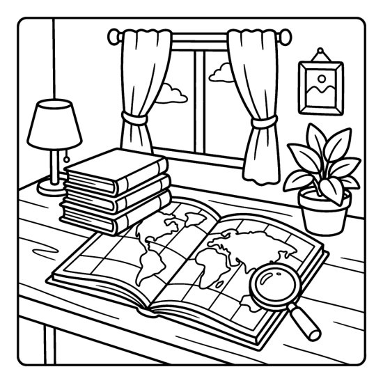 An open atlas with a simple map on a desk beside a stack of books, coloring sheet